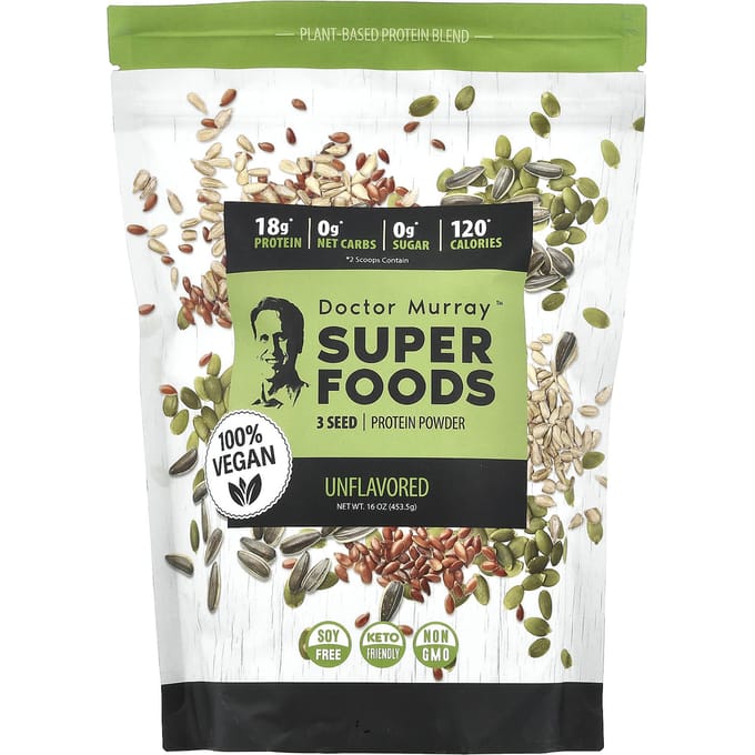 Dr. Murray's, Superfoods, 3 Zaden Eiwitpoeder, Pompoen + Lijnzaad + Zonnebloem, Zonder smaak, 16 oz (453,5 g)