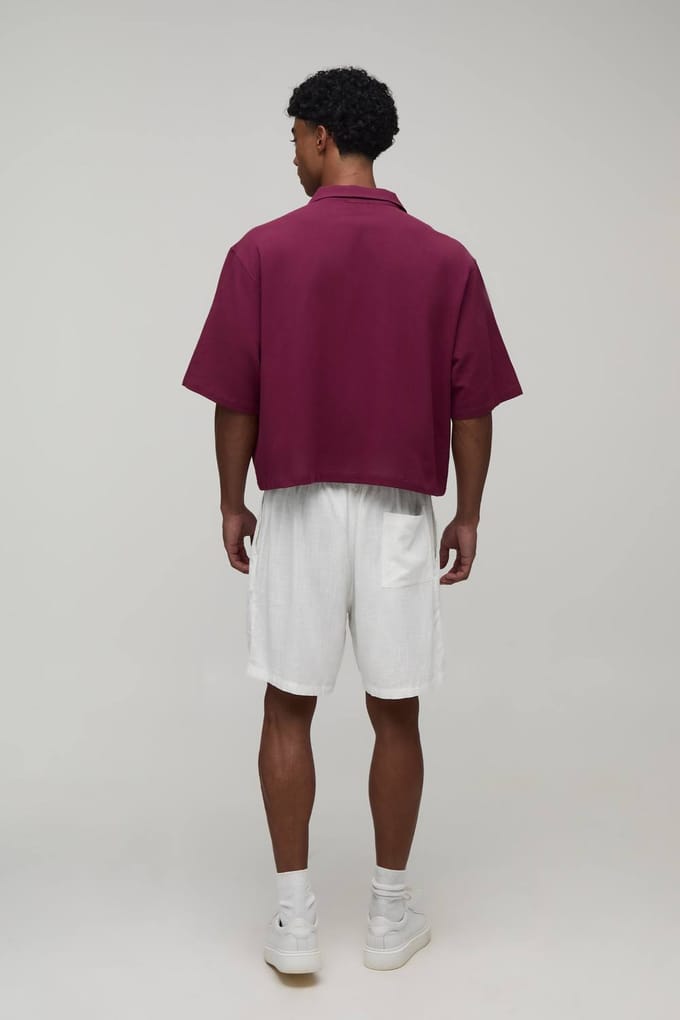 Boxy Crop Getextureerd Revere Geborduurd Overhemd | Burgundy | Size Small