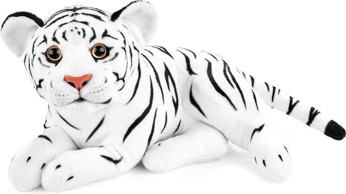 BRUBAKER Tijger knuffeldier, 30 cm, knuffeldier, baby-knuffeldier, liggend - pluche speelgoed voor kinderen, wit
