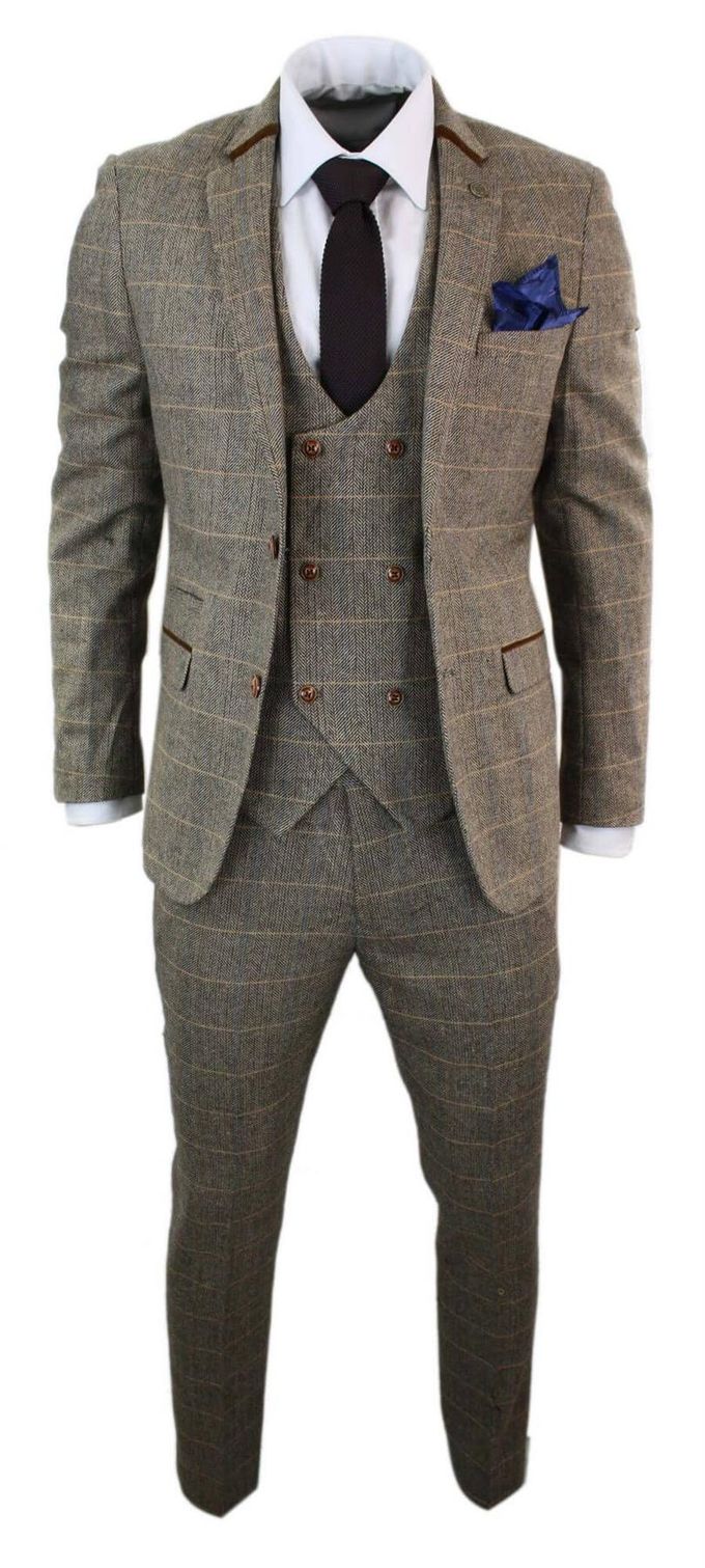 Heren 3-delig bruin visgraat tweed geruit pak