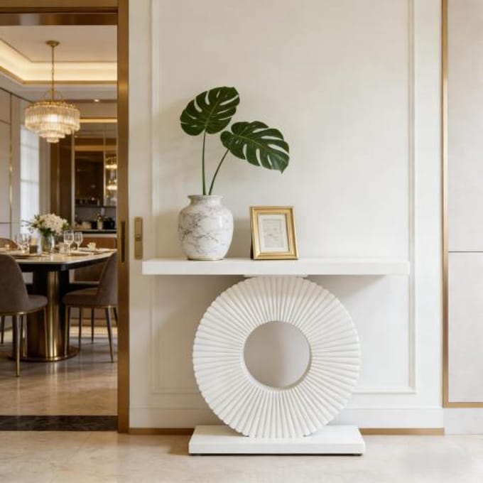 MODENUIT Consoletafel - Bloemvormig Geometrisch Frame Voor Hal En Woonkamer - Rechthoekig MDF En Metaal - Wit
