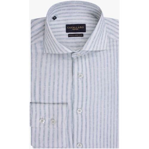 Cavallaro Napoli Overhemd Tarente Linnen Blend Stripe Lichtblauw-Wit / male