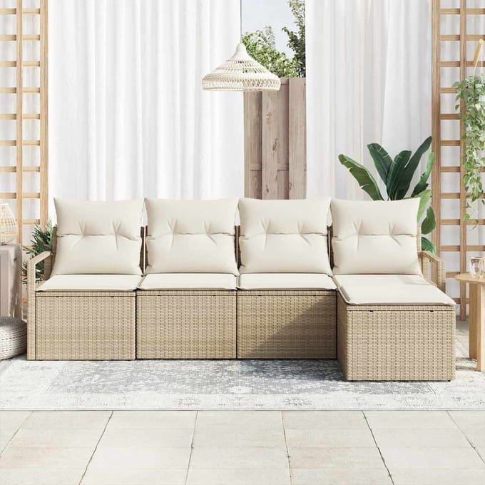 vidaXL Bankstel met kussen met opslag 5 pcs Beige en Crème poly rattan