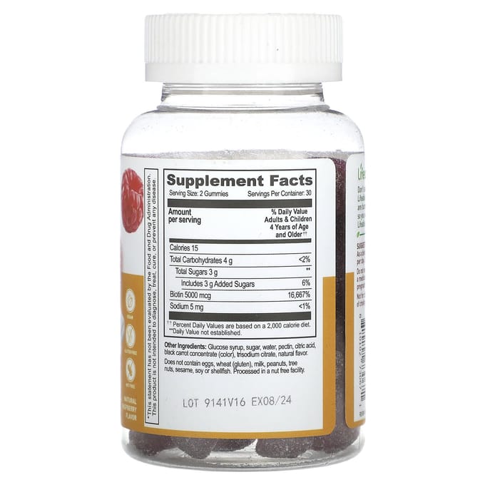Lifeable, gummies à la biotine pour enfants, framboise naturelle, 5 000 mcg, 60 gummies (2 500 mcg par bonbon gélifié)