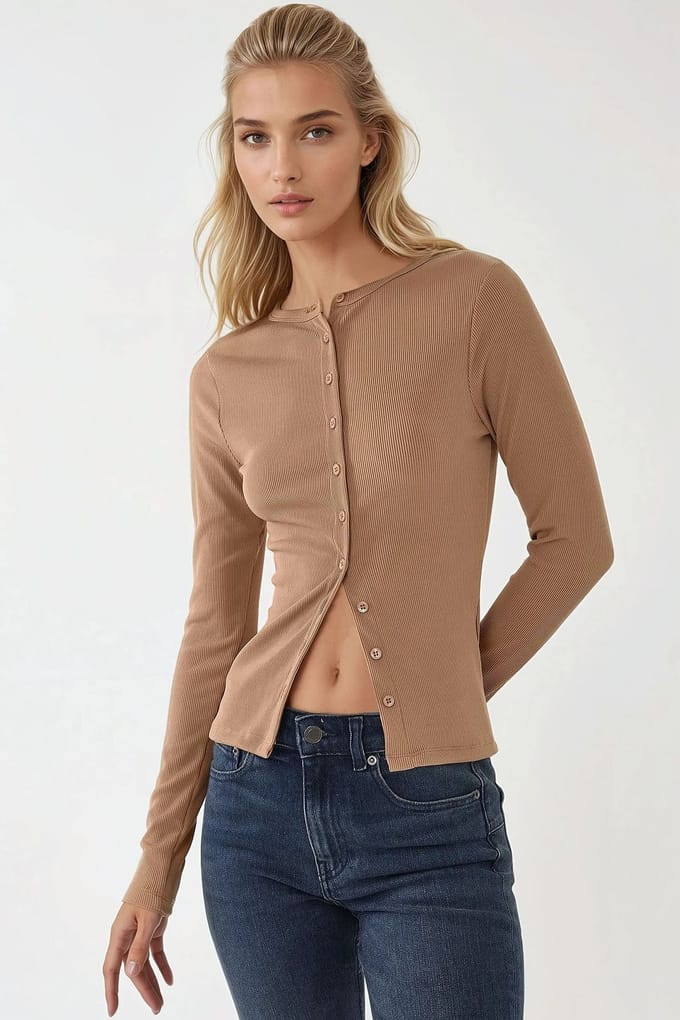 Getextureerde Brei Slim Fit Lange Mouwen Blouse met Knopen