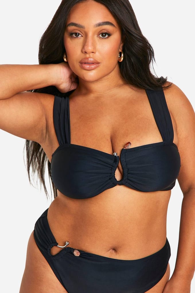 boohoo Dames Plus Bead Trim High Waisted Bikini Set | Zwart | Maat: 56