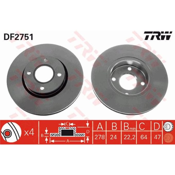 Remschijf TRW DF2751 voorkant, geventileerd, sterk gecarboniseerd, 1 Stuk