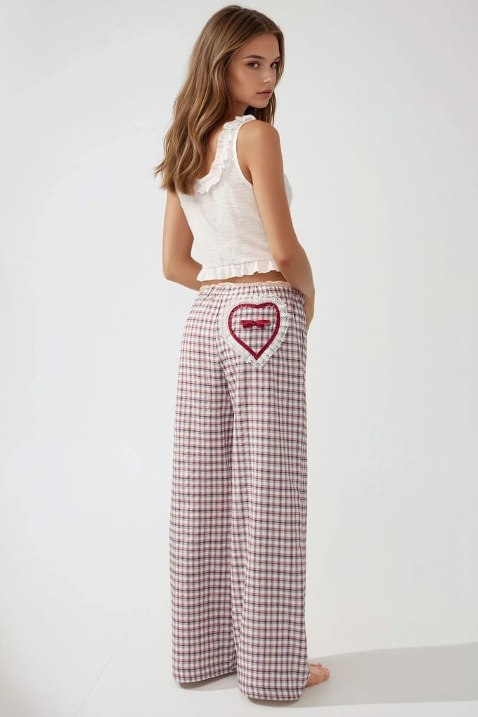Geruite Lange Loungebroek met Hart Detail aan de Achterkant