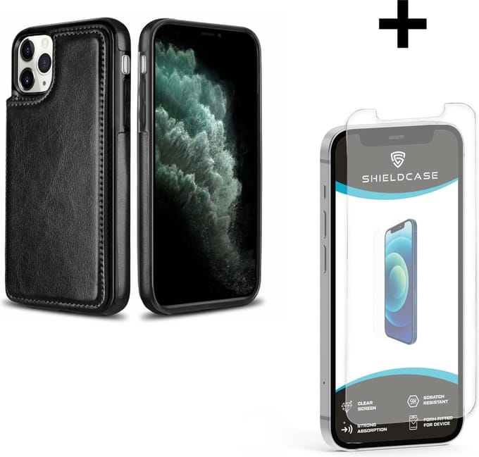 ShieldCase Wallet case geschikt voor Apple iPhone 12 / 12 Pro - 6.1 inch - ruimte voor pasjes - pasjeshouder - portemonnee - zwart + glazen Screen Protector