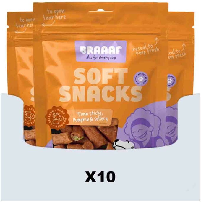Braaaf Hondensnack Sticks Tonijn - Pompoen - Selderij - 10 x 85 gr - Voordeelverpakking