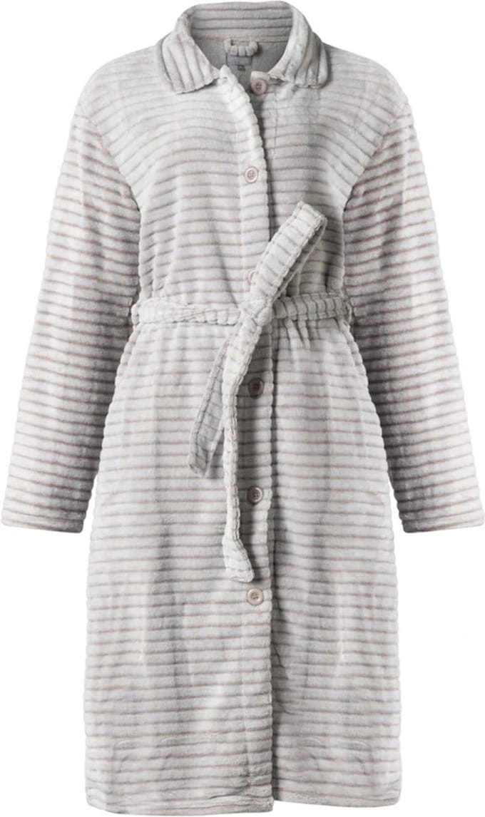 Cocodream dames badjas fleece - met knopen - maat S - Schaduwstreep - zand