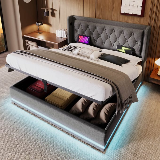 MODFU Gestoffeerd Tweepersoonsbed – 180x200 cm – USB-C & LED – Opbergruimte – Katoen – Grijs