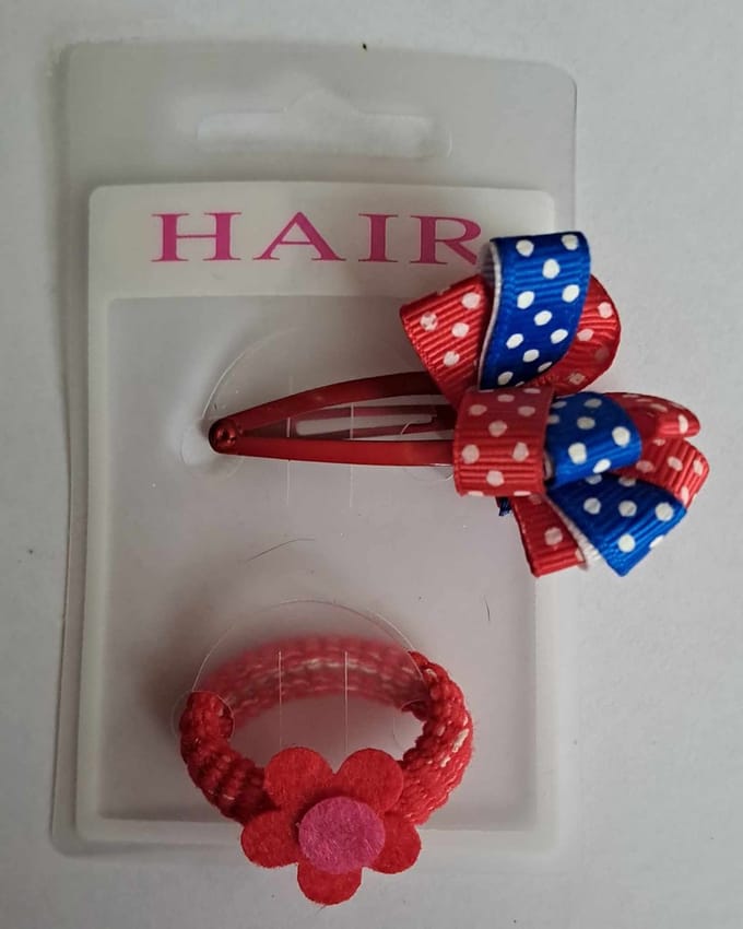 Haarspeldje en elastiekje vrolijk blauw/rood