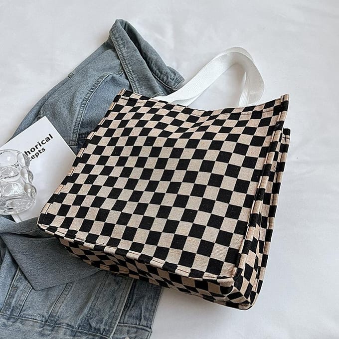 Waardevolle Tas Grote Capaciteit Schaakbord Geruit Canvas Schoudertas Mode Reistas Student Les Handtas gray