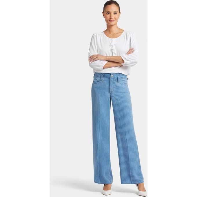 High Rise Teresa Wijde Pijpen Jeans Lichtblauw Gestreepte Premium Denim
