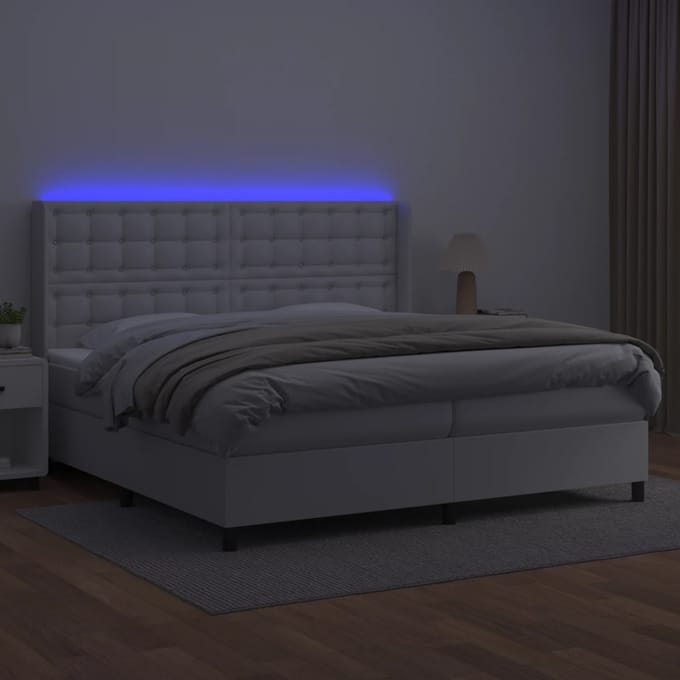 vidaXL - Boxspring - met - matras - en - LED - kunstleer - wit - 200x200 - cm
