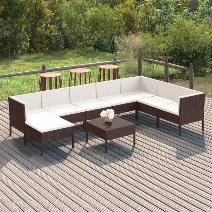 vidaXL - 9-delige - Loungeset - met - kussens - poly - rattan - bruin