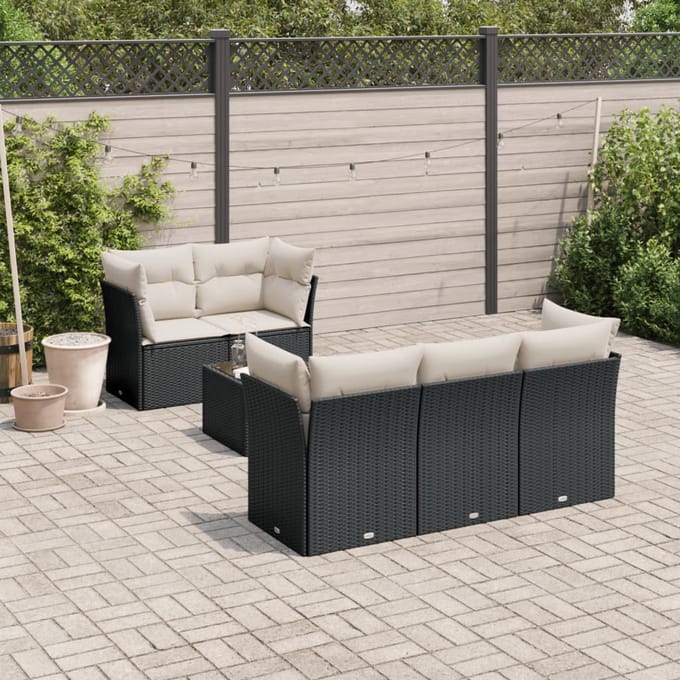vidaXL - 7-delige - Loungeset - met - kussens - poly - rattan - zwart