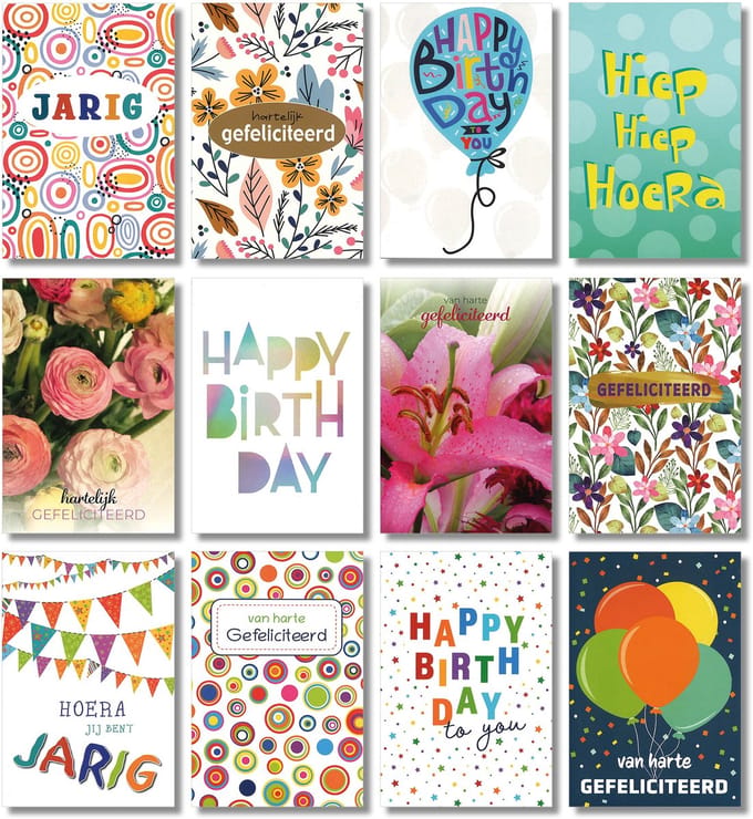 MGPcards - 12 dubbele wenskaarten met envelop - Jarig - Gefeliciteerd - Birthday - 11,5 x 17 cm