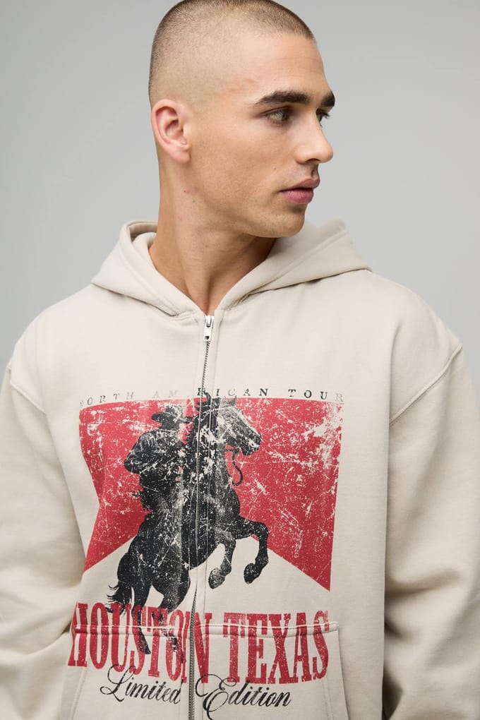 Stone Oversized Boxy Houston Texas Print Zip Through Hoodie | Size Medium