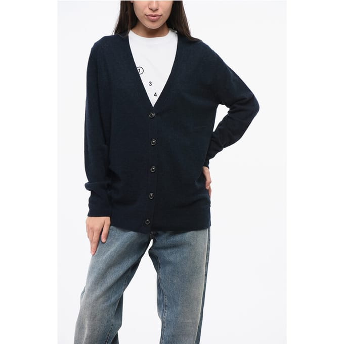 Effen V-hals vest van wol en nylon in blauw