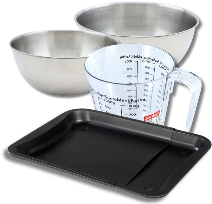 Bakkerijset met uitschuifbare bakplaat van 35-52 cm, 2 mengkommen, maatbeker en spatel Zenker