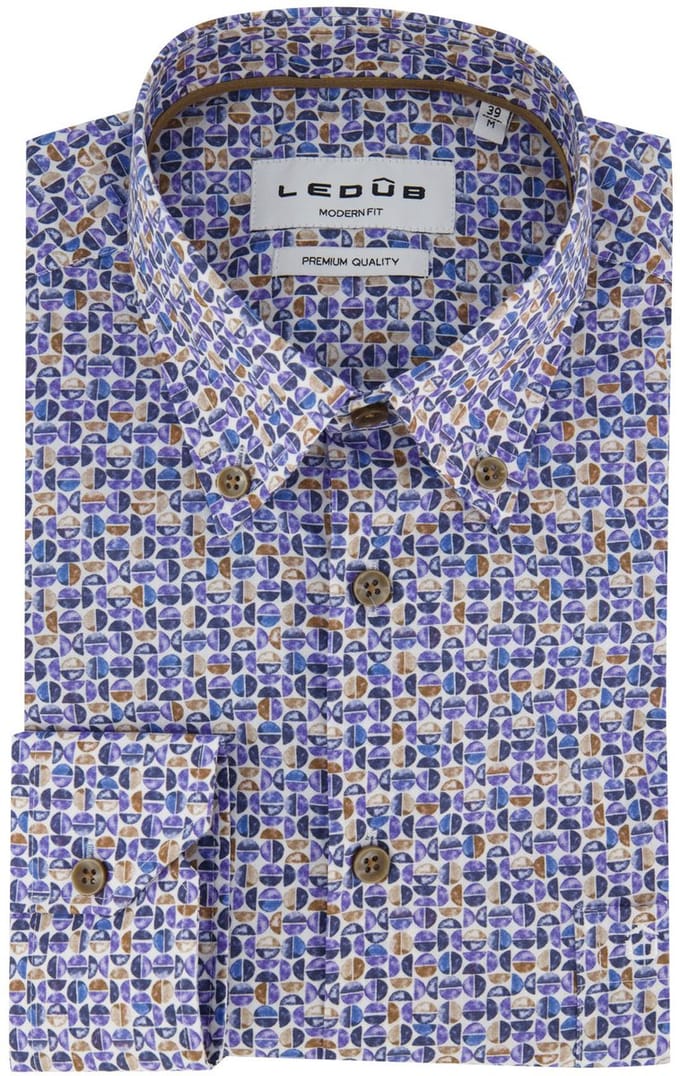Overhemd blauw Ledub geprint bruin patroon button down