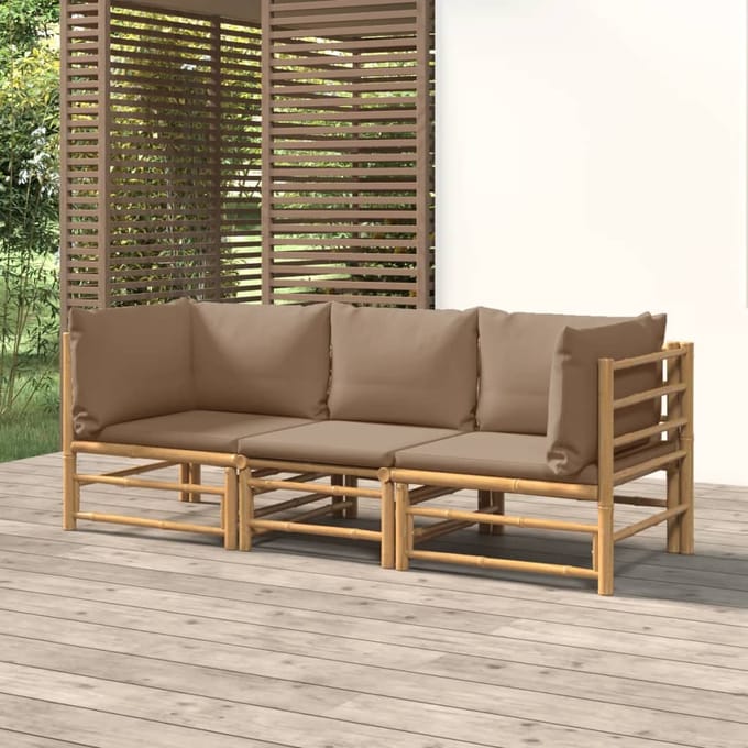 vidaXL - 3-delige - Loungeset - met - kussens - bamboe - taupe