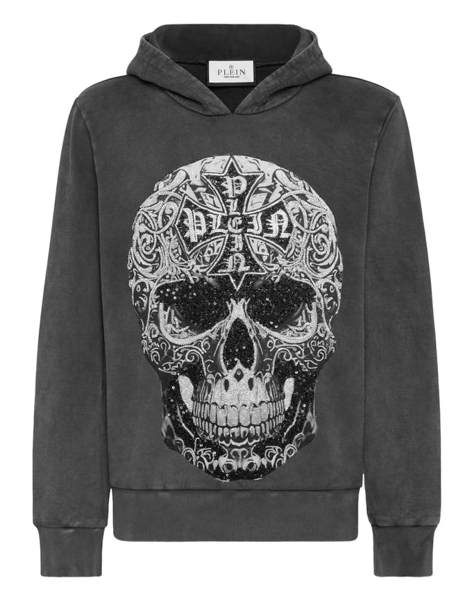 Washed Hoodie Sweatshirt Baroque Skull