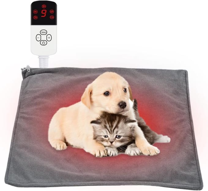 Elektrische deken huisdieren - Verwarmingsmat kat hond - Warm en comfortabel - 9 temperatuurstanden - 45 x 45 cm - Grijs