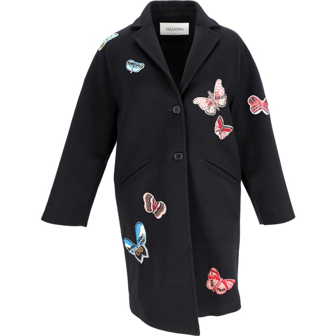 Valentino Vlinderapplicatie Mantel in Zwart Wol