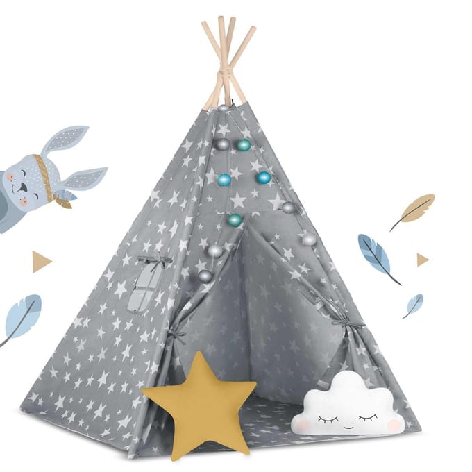Kinder tipi tent met lichtjes - grijs met sterren - 120x120x165 cm