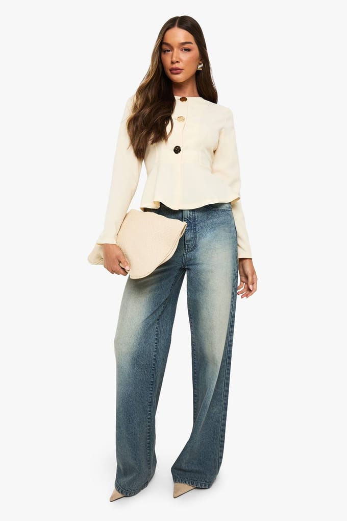 boohoo Dames Gouden Knop Peplum Blazer | Boter | Maat: 44