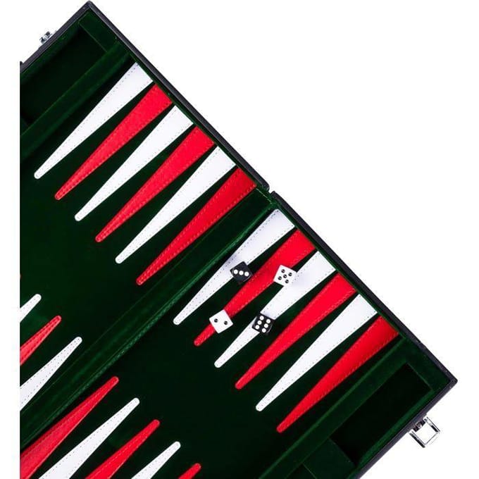 Backgammon 15 inch - Groen, Rood & Wit Gestikt Bord - Kunstlederen Koffer met Handvat - Engelhart