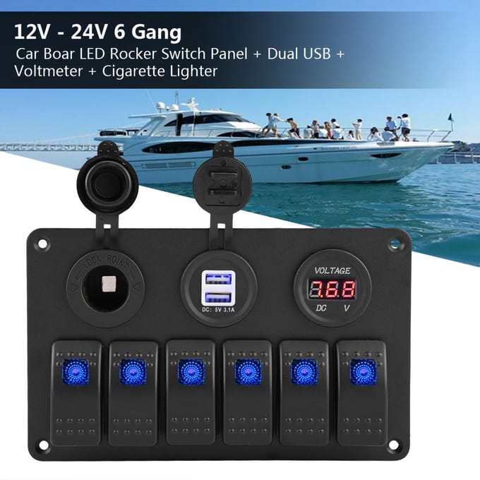12V 24V 6-voudig Auto Boot LED Tuimelschakelaar Paneel Dubbele USB Voltmeter Sigarettenaansteker Blauw black