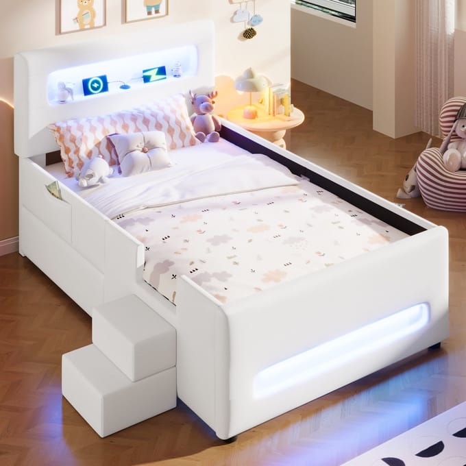 MODFU – Gestoffeerd Platformbed met Trap – 90x200 cm – Opberglade & LED – MDF en Kunstleer – Wit