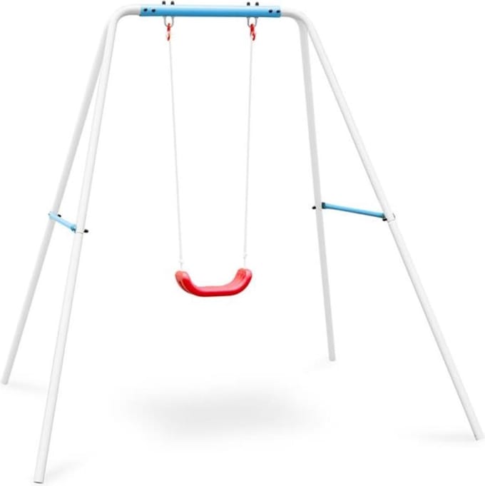 OneConcept Miri - Tuinschommel, Kinderschommel, Schommelframe met schommel, voor kinderen van 3-10 jaar tot 45 kg, permanente bevestiging via betonnen sokkel, incl. 4 grondnagels, blauw-wit