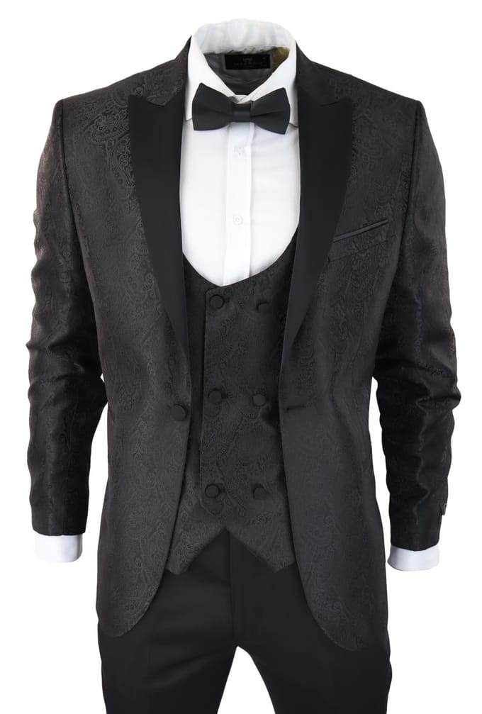 Heren zwarte smoking blazer vest brokaat satijn paisley formeel dinerjack