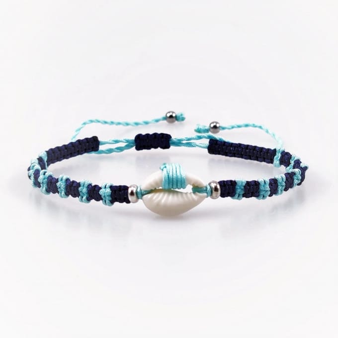 Handgemaakt Macramé Schelp Armband - RVS - Donkerblauw/Turkoois Armband Verstelbaar