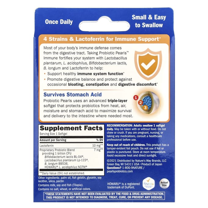 Nature's Way, Probiotic Pearls Immuunversterkend Supplement, Balans en Immuniteit, 30 Softgels