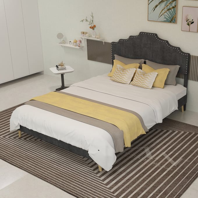 MODFU - Bedframe 140x200 cm – Wollook met geometrisch design – Grijs