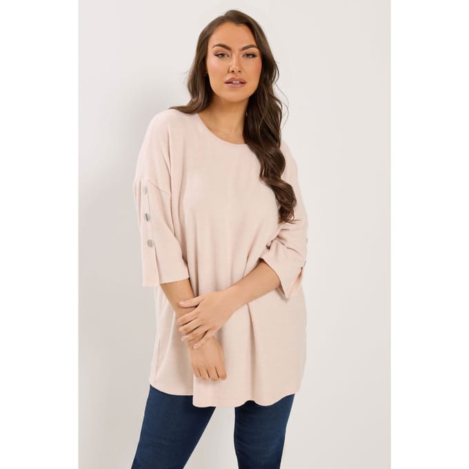 Yours Roze Zachte Geribde Top Met Knoopmouwen Size 48
