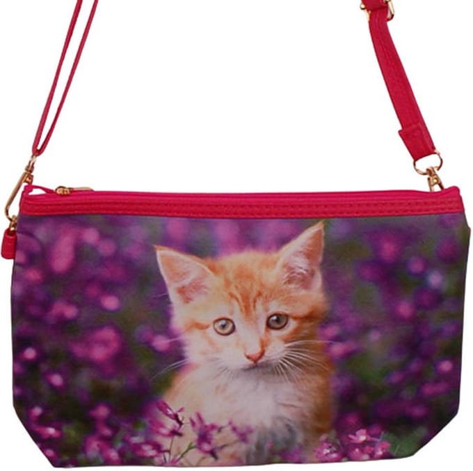 Schoudertasje Kitten - Paarse Bloemen - 25x17cm