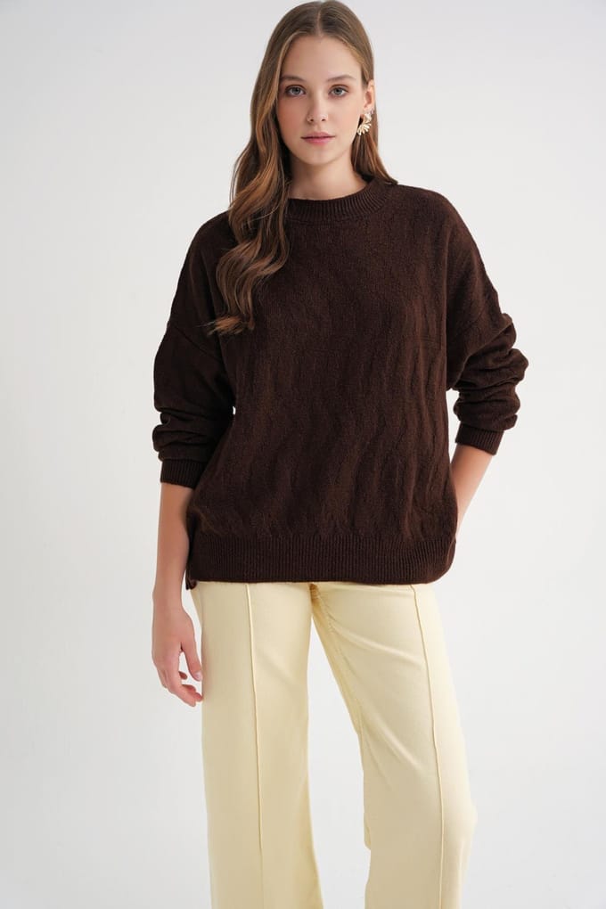 Geribde Brei Pullover Trui met Haar Vlecht Patroon