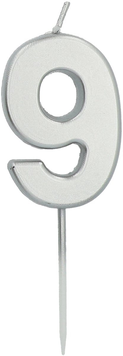 Folat - Kaars cijfer 9 zilverkleurig 5 cm