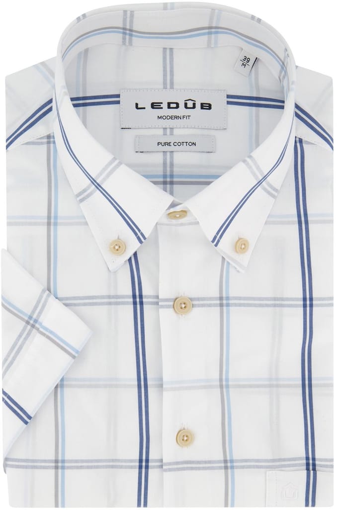 Ledub Modern Fit overhemd wit geruit korte mouw