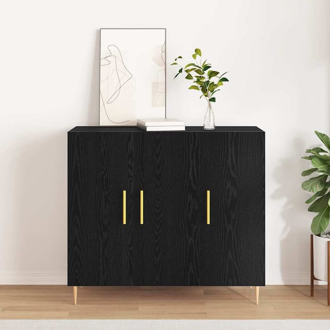 vidaXL - Dressoir - Zwart - Eiken - 90 - x - 34 - x - 80 - cm - Bewerkt - hout