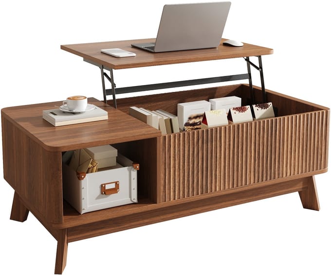Salontafel - Met Liftfunctie En Open Zijvak - Golfontwerp - MDF - Houtkleur