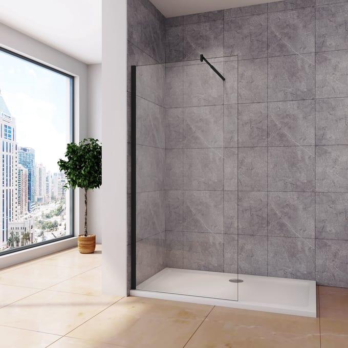 Inloopdouche 90x200cm zwart+70-120cm Stabilisatiestang,8mm NANO EasyClean veiligheidsglas