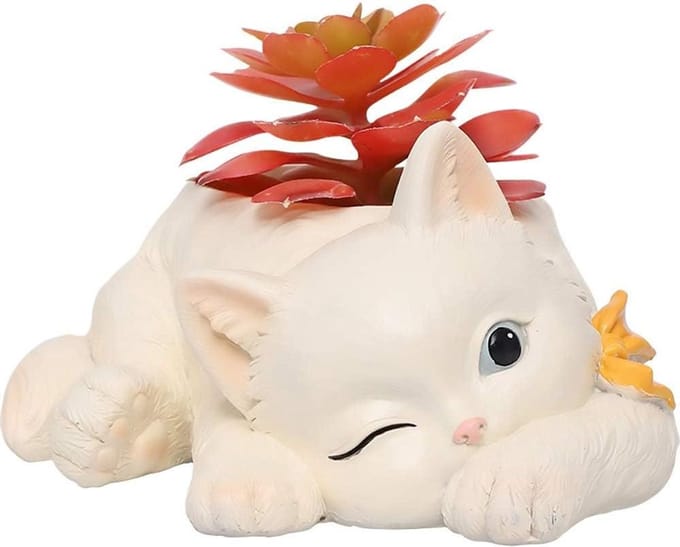 Hars Bloempot Kat - Plantenbak Hars - Decoratie Huis - Kattenvorm Ontwerp - 21.5X14.5X14CM - Wit